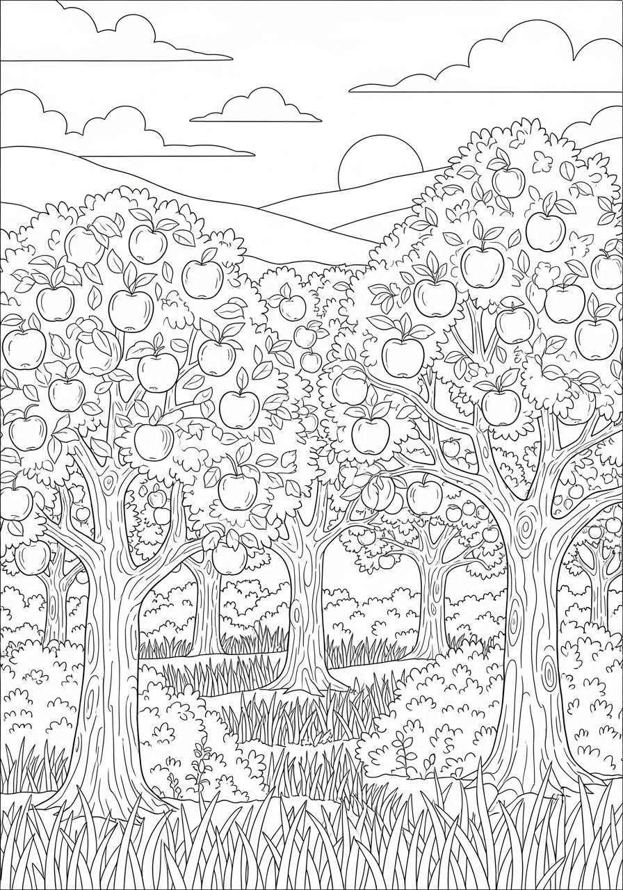 Desenho de árvores com maçãs para colorir