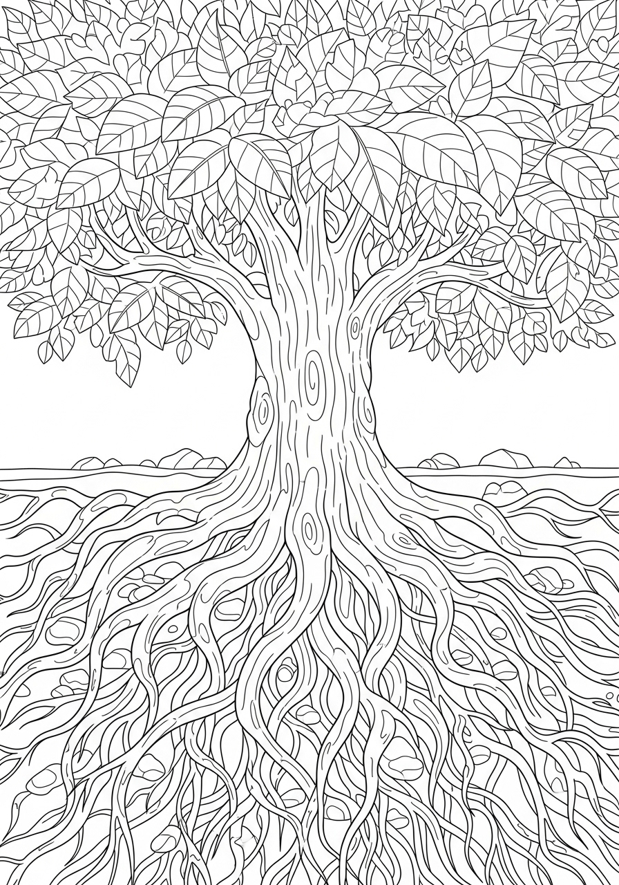 Desenho de Árvore com raízes complexas para colorir