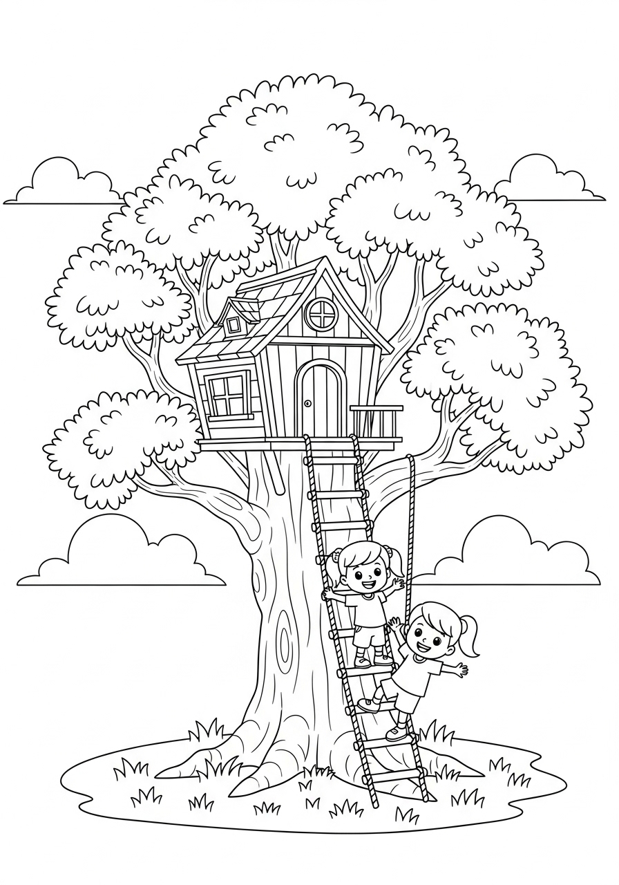 Desenho de Árvore com casa na árvore e crianças