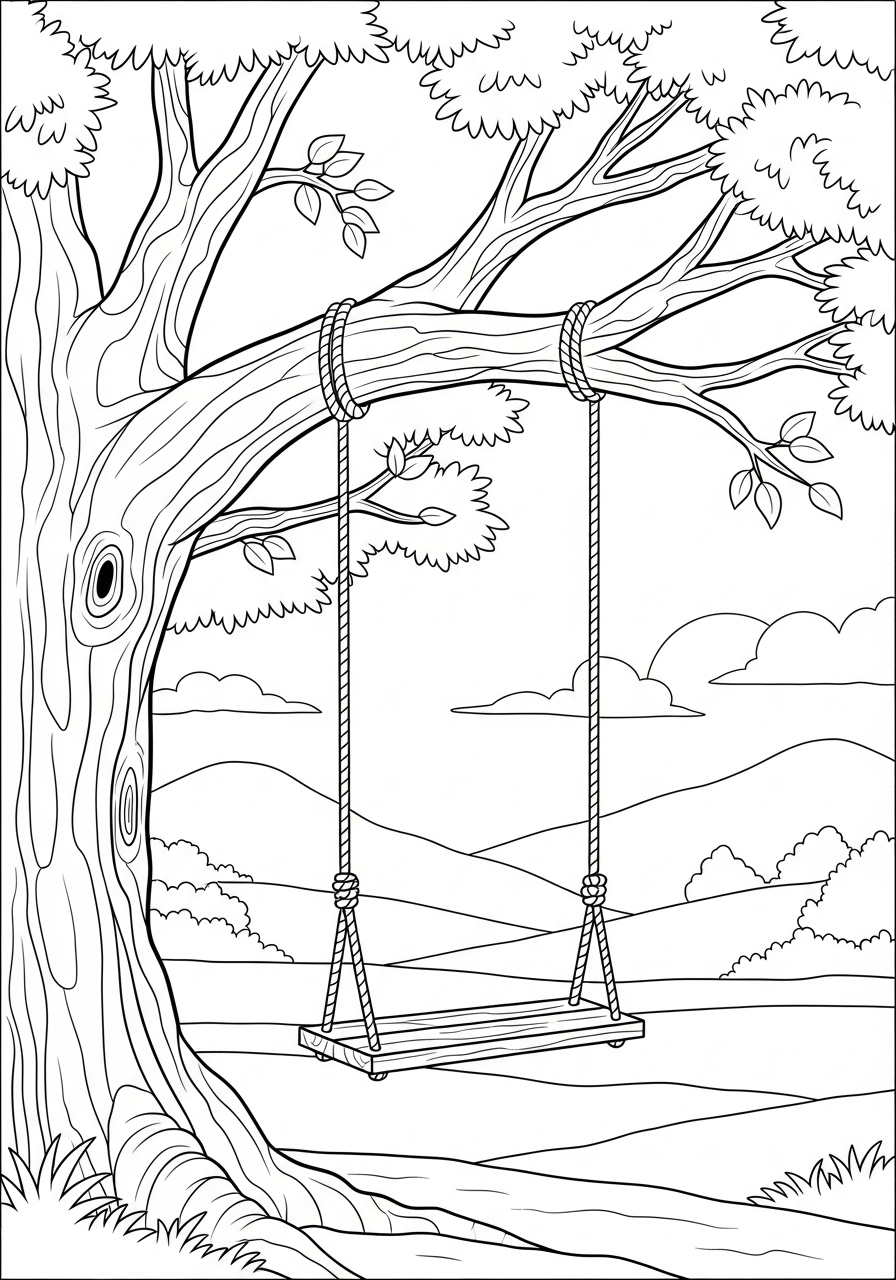 Desenho de Árvore com balanço pendurado para colorir