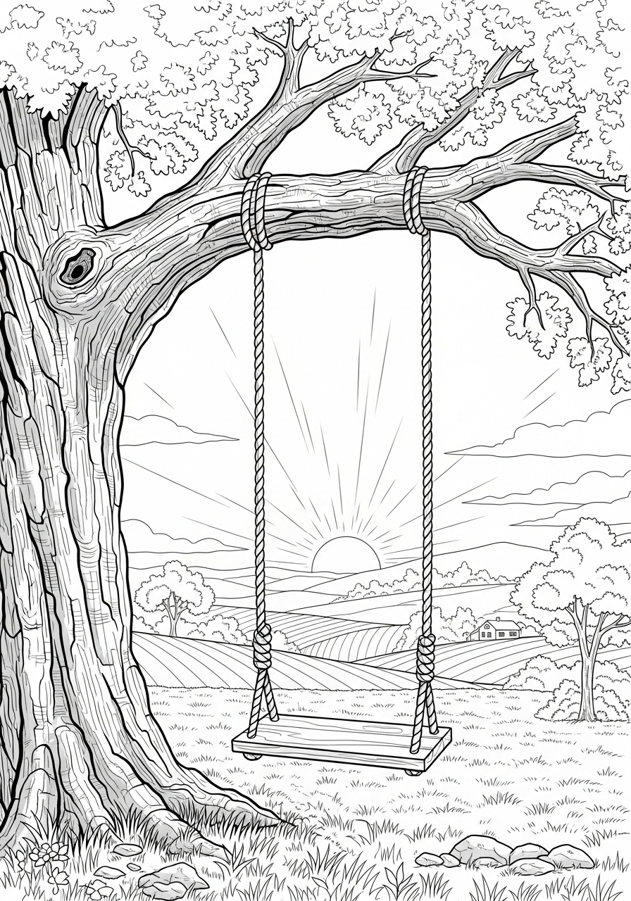 Desenho de Árvore com balanço e pôr do sol para colorir