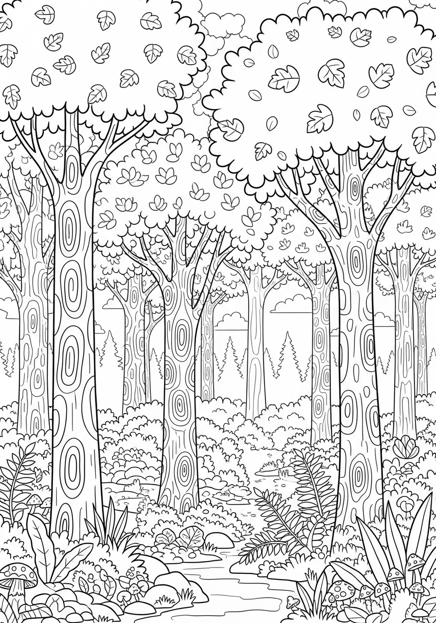 Desenho de floresta com árvores altas para colorir