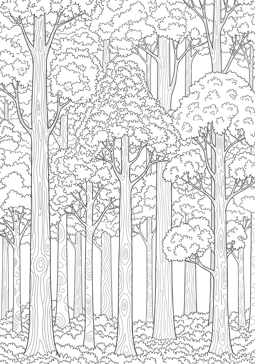 Desenho de floresta com árvores detalhadas para colorir
