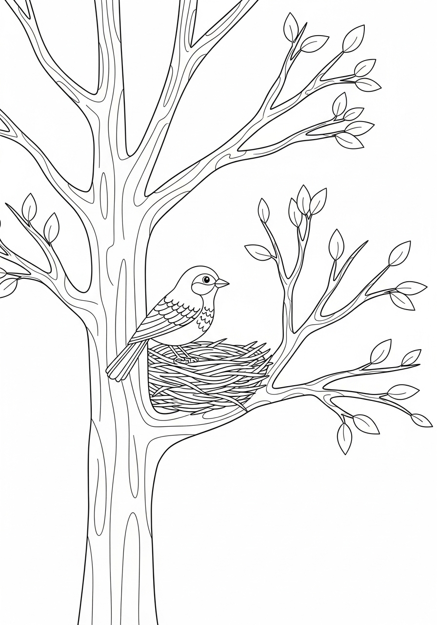 Desenho de Árvore com ninho de passarinho para colorir