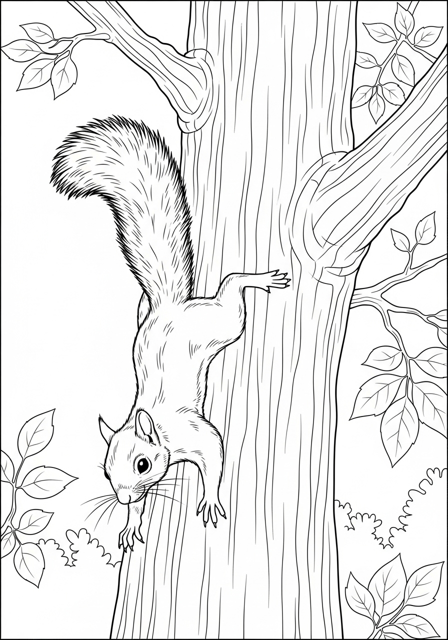 Desenho de esquilo em tronco de árvore para colorir