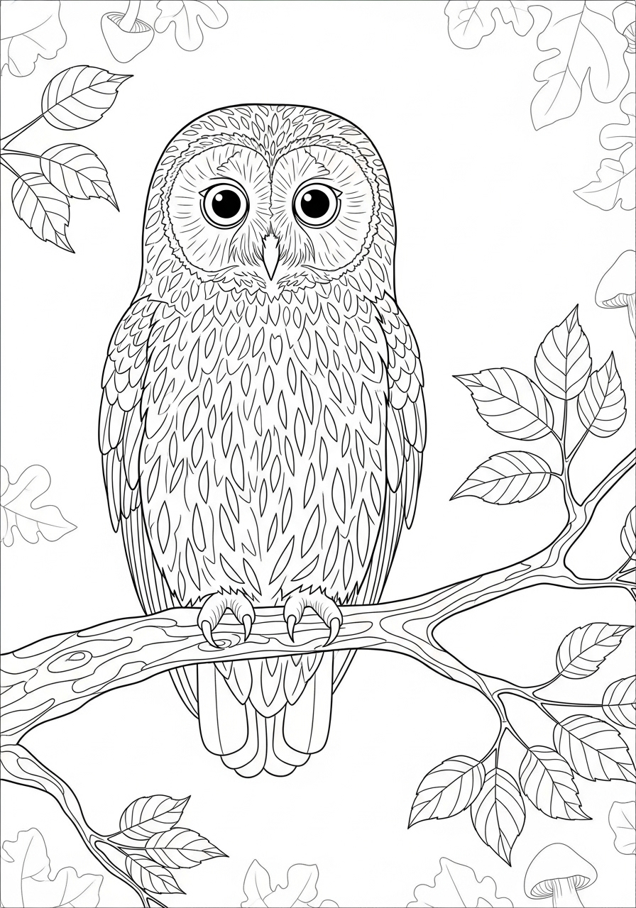 Desenho de coruja em galho de árvore para colorir
