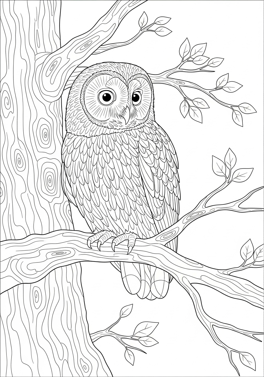 Desenho de coruja empoleirada em árvore para colorir