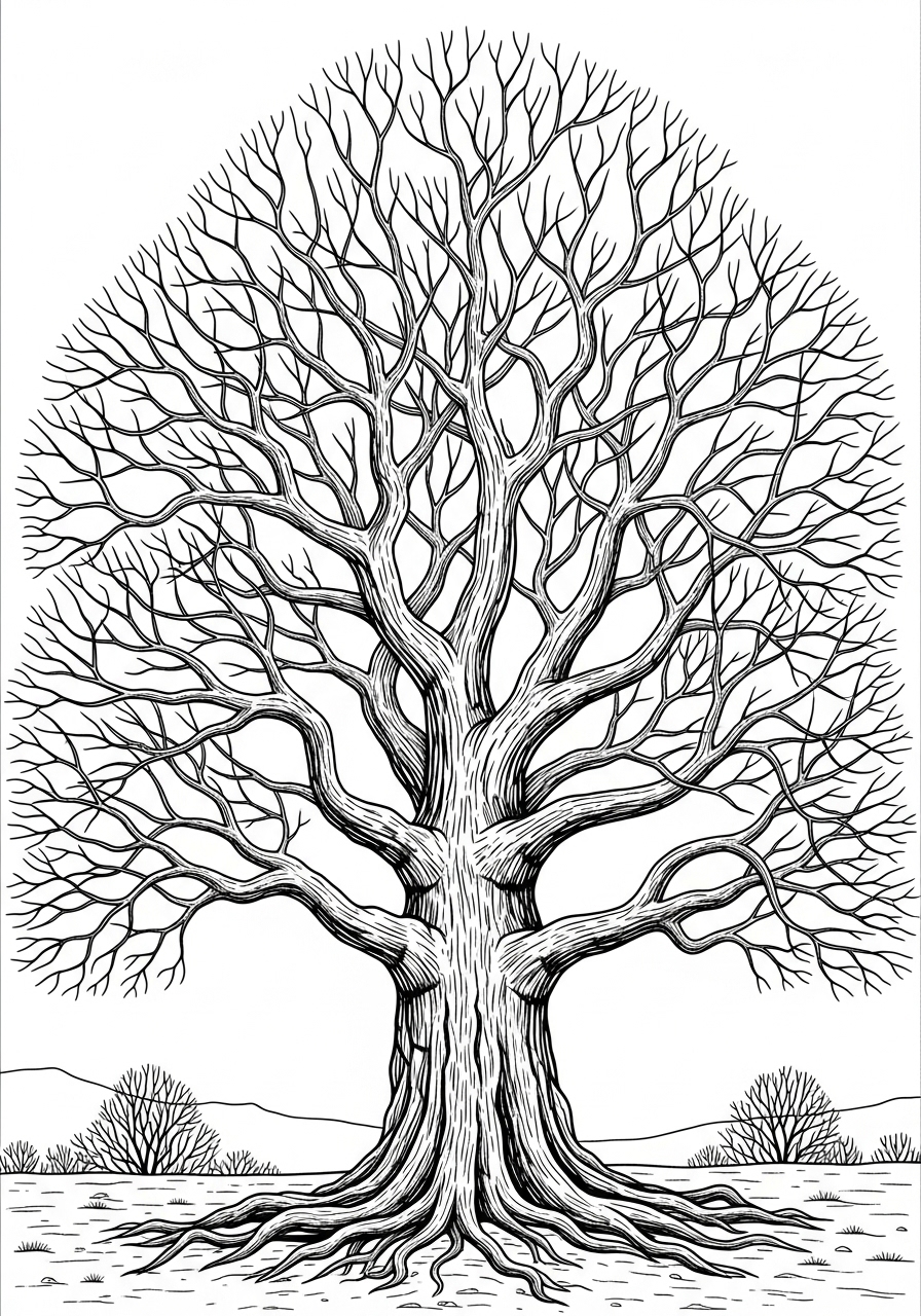 Desenho de Árvore majestosa sem folhas para colorir