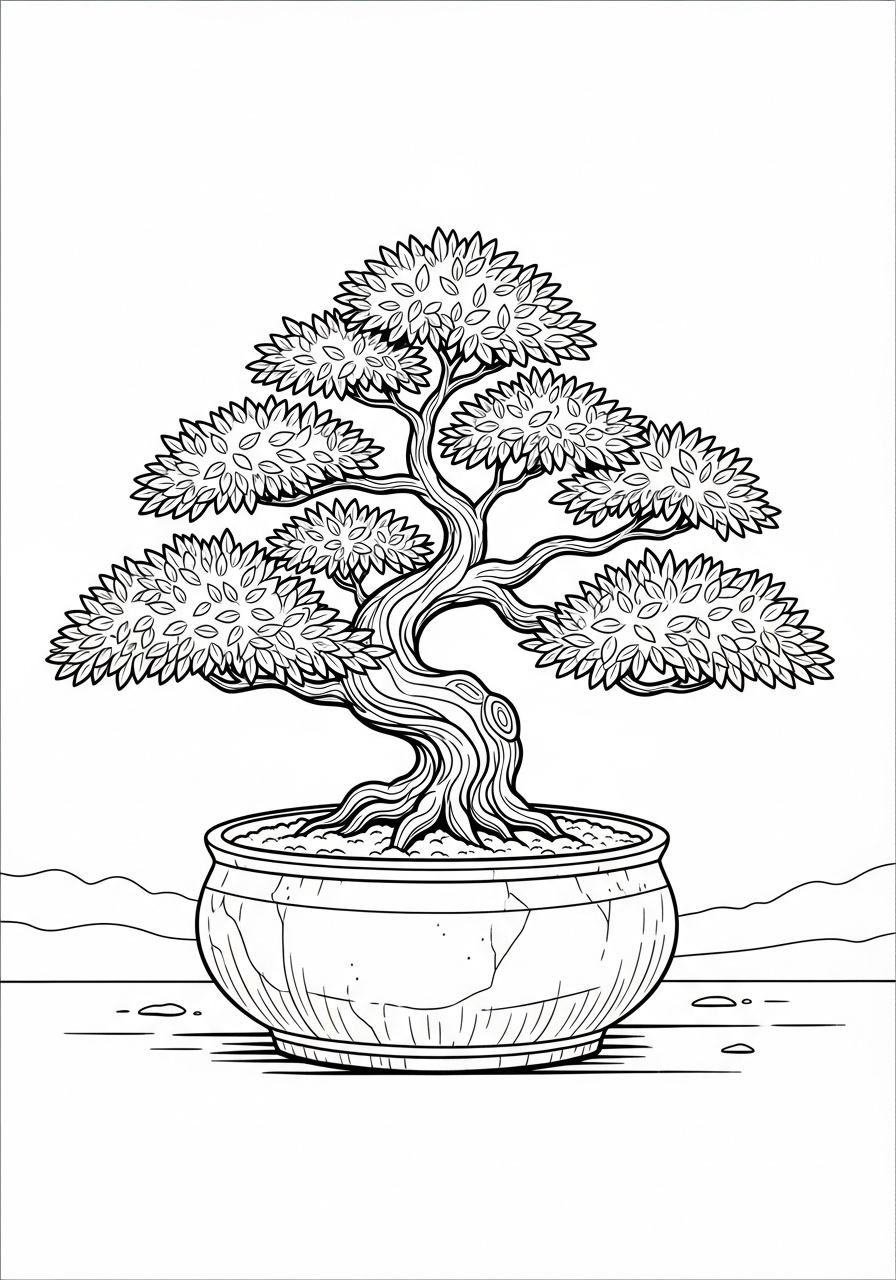 Desenho de Árvore Bonsai em vaso para colorir