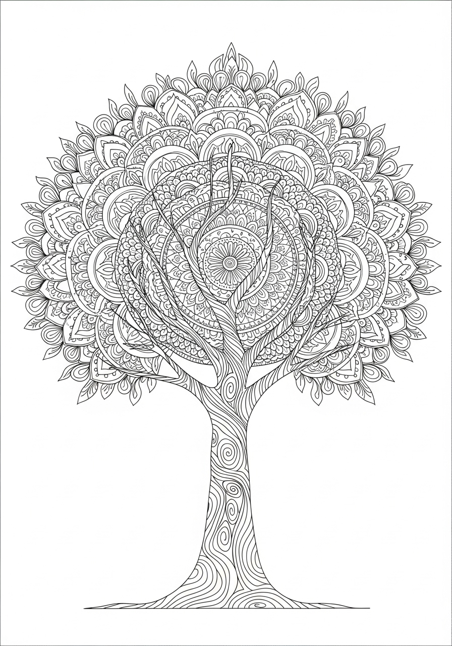 Desenho de Árvore mandala detalhada para colorir