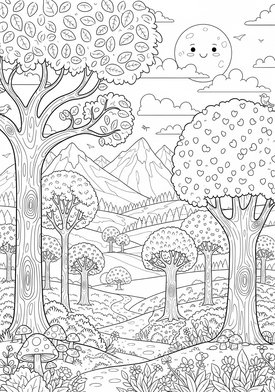 Desenho de floresta com montanhas e árvores para colorir