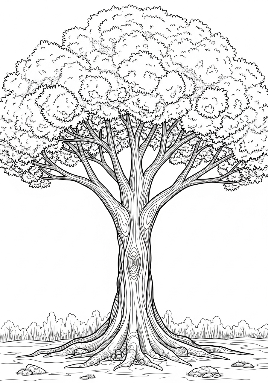 Desenho de Árvore com folhagem detalhada para colorir
