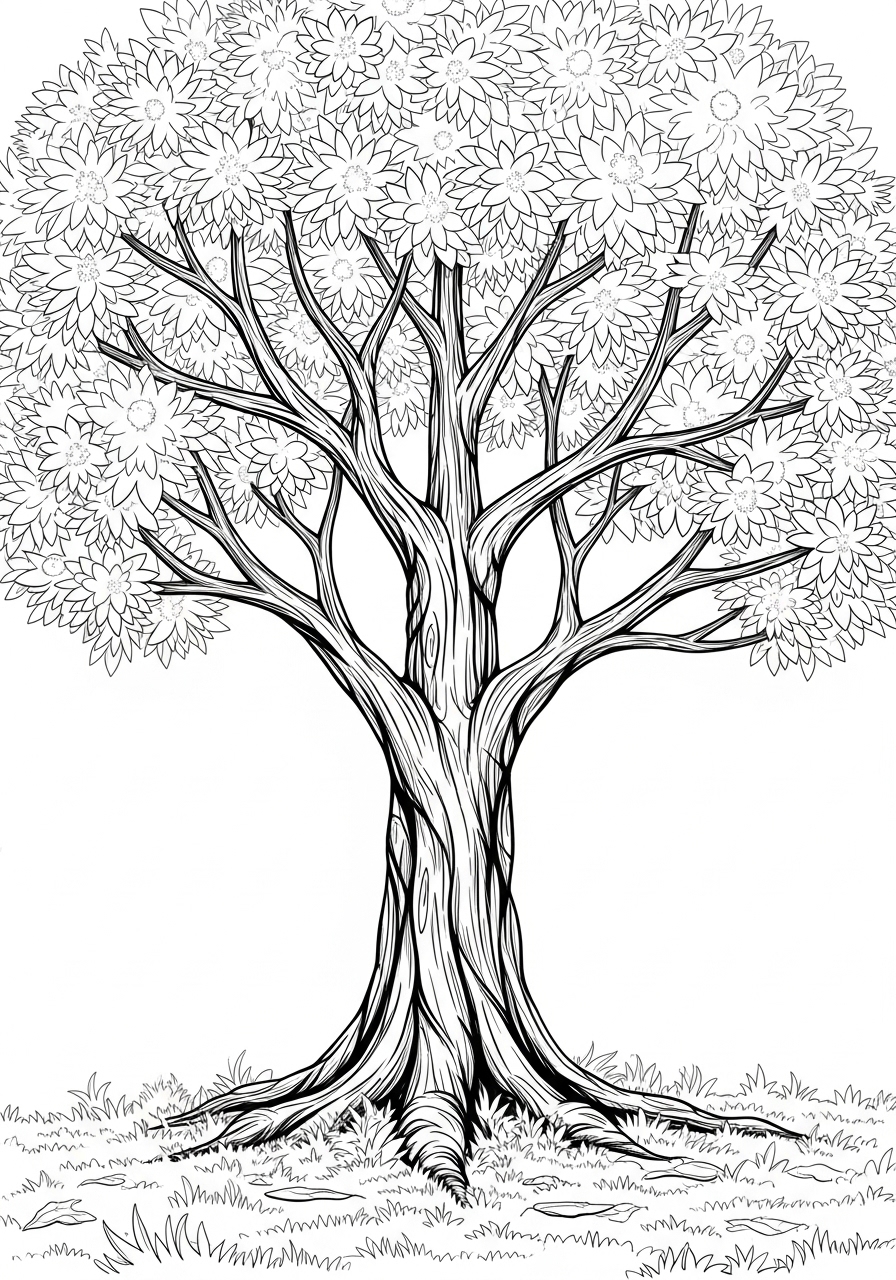 Desenho de Árvore com folhas detalhadas para colorir