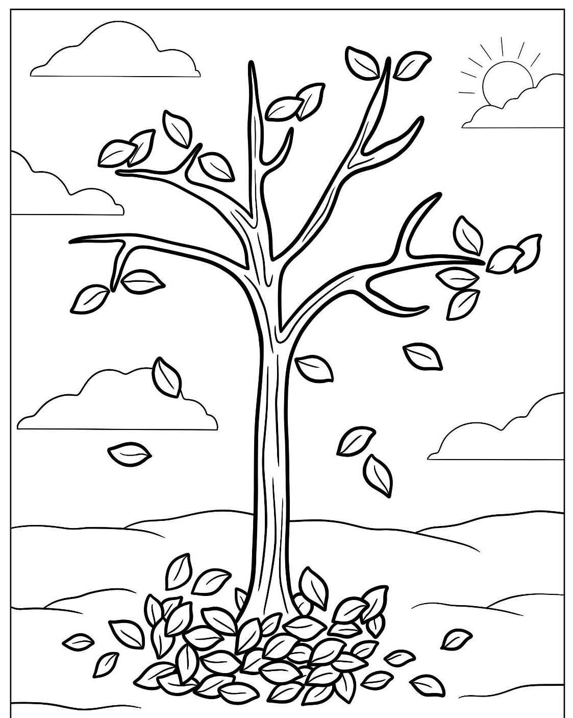 Desenho de Árvore com folhas ao vento para colorir