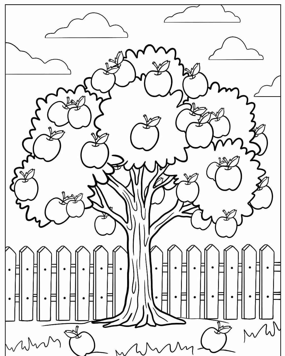 Desenho de Árvore frutífera com cerca para colorir