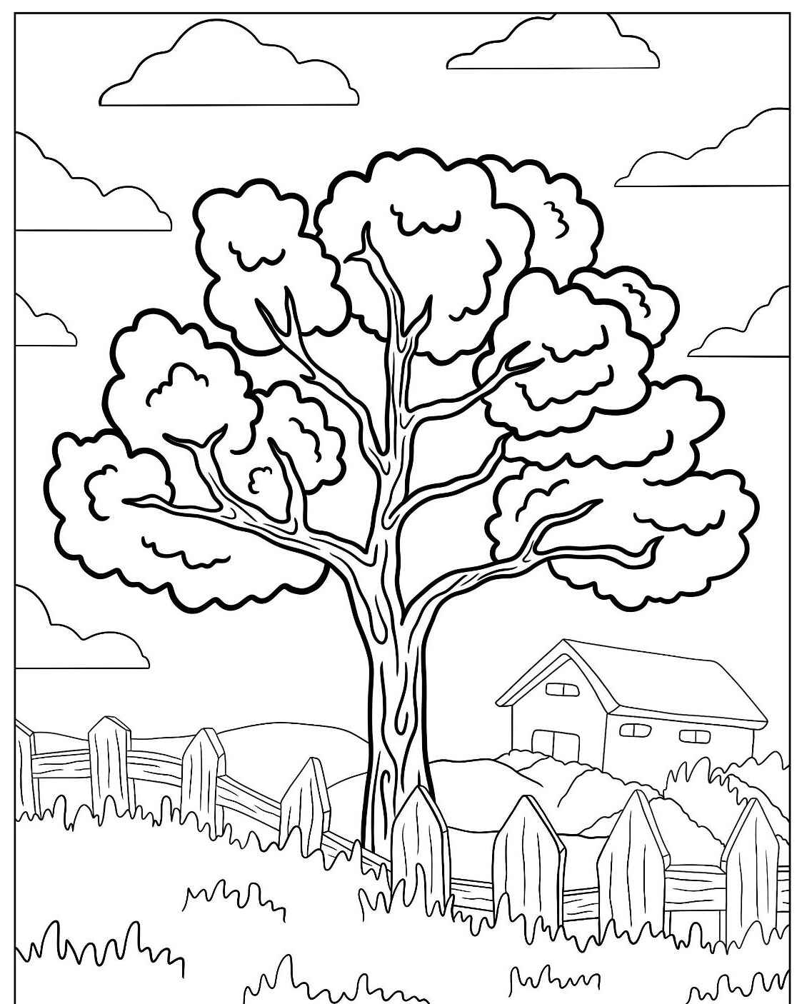 Desenho de Árvore com cerca e casa ao fundo para colorir