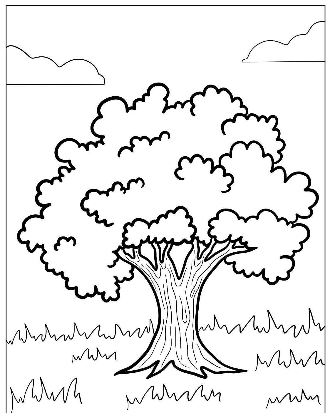 Desenho de Árvore frondosa com grama para colorir