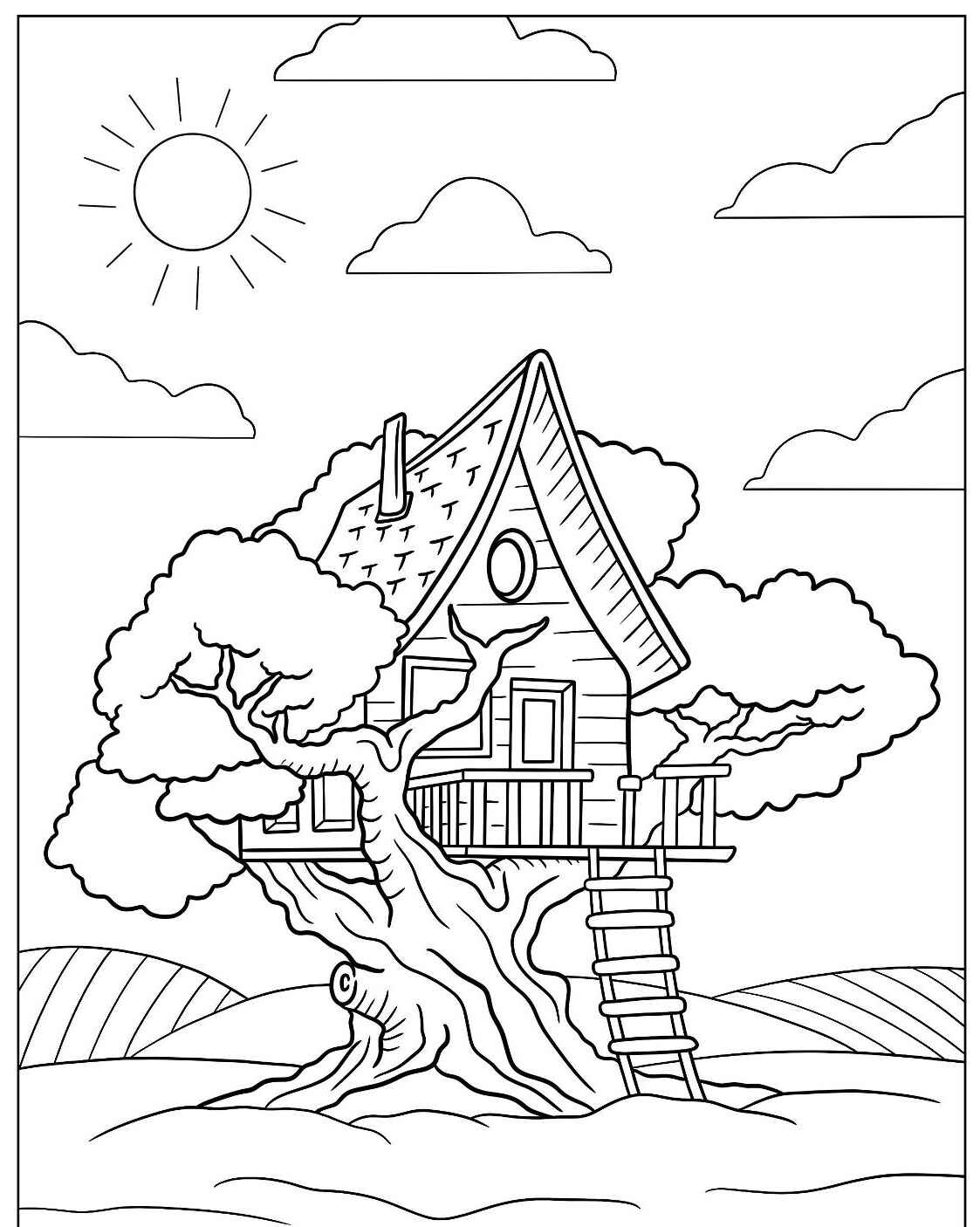 Desenho de Casa na Árvore sob céu ensolarado para colorir