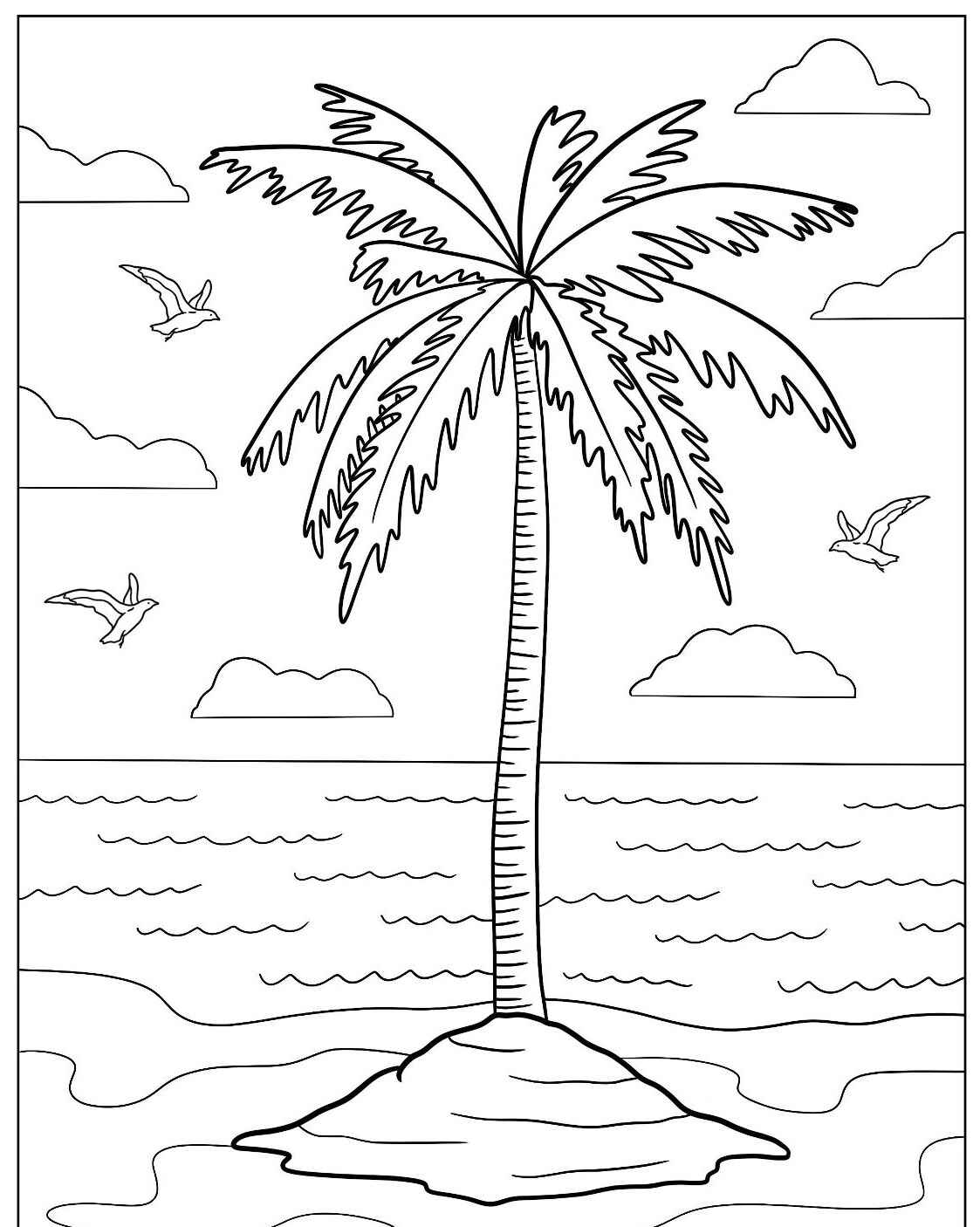 Desenho de Árvore Palma com Paisagem para Colorir