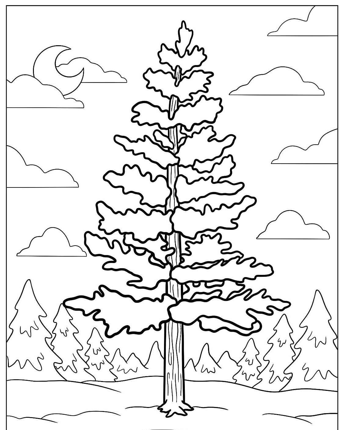 Desenho de Árvore alta com copa cheia para colorir