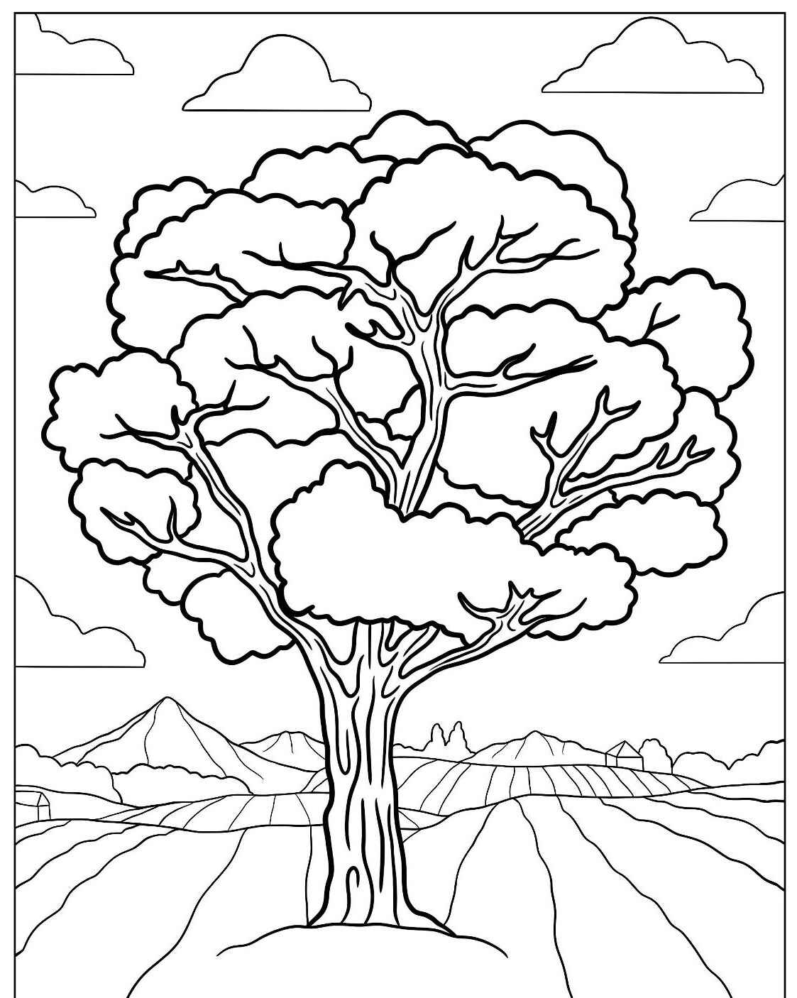 Desenho de Árvore grande sobre campo para colorir