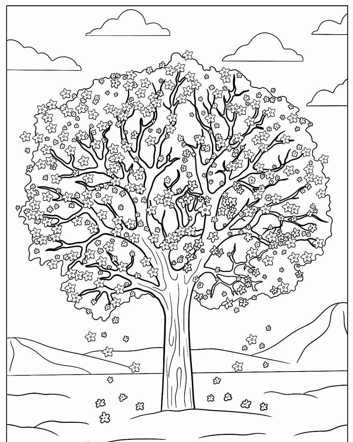Desenho de Árvore com folhas e flores para colorir