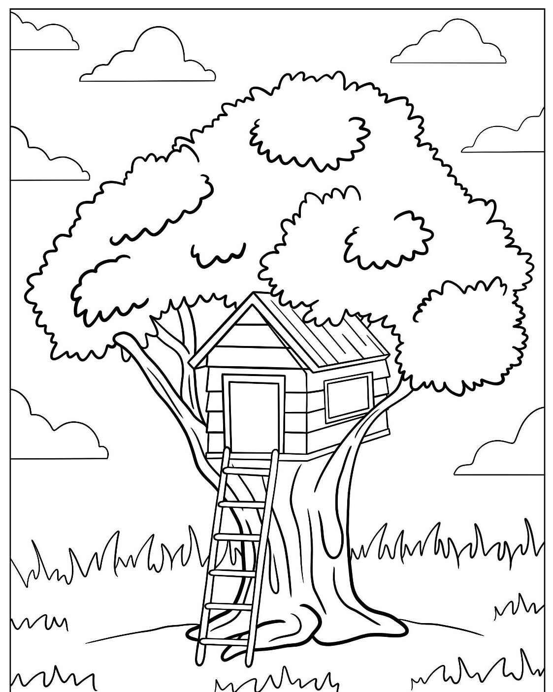 Desenho de Árvore com casa na árvore para colorir