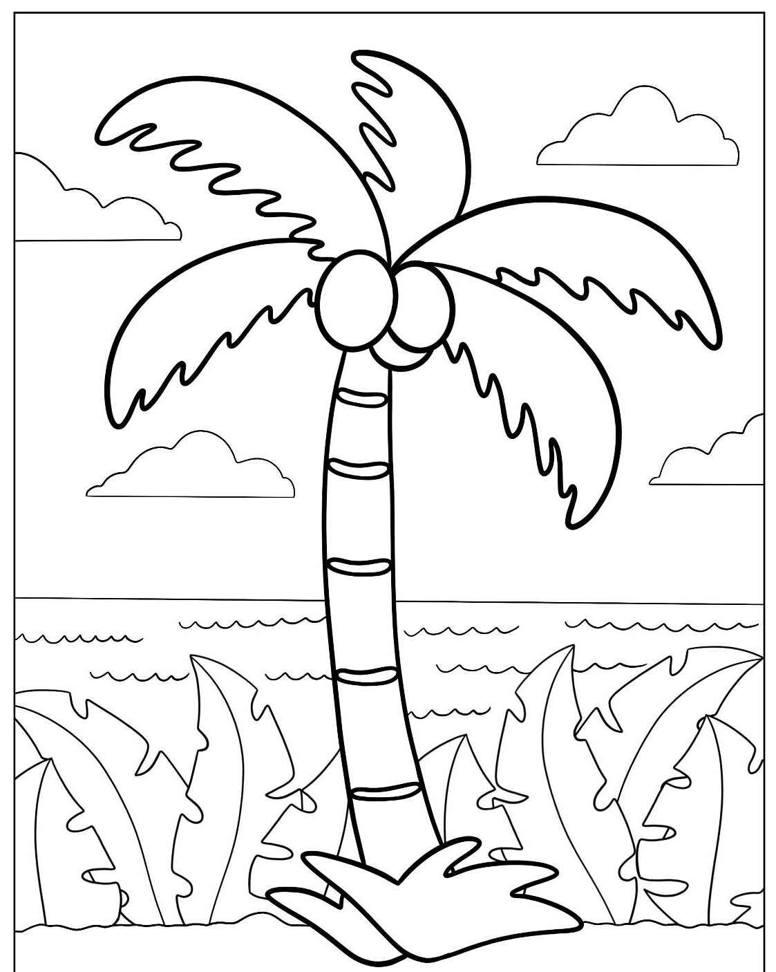 Desenho de Árvore de Coco à beira-mar para colorir