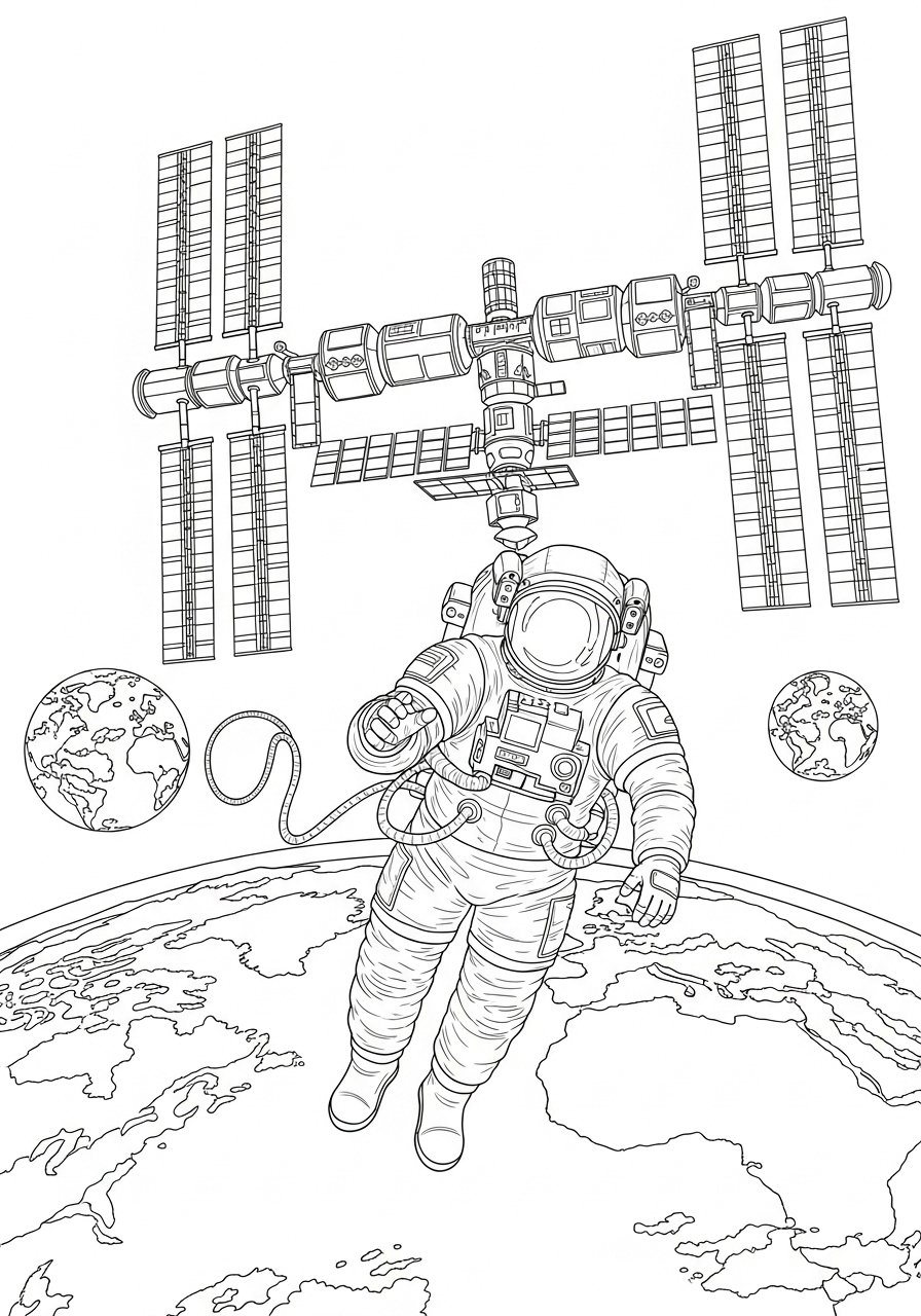 Desenho de Astronauta flutuando na estação espacial