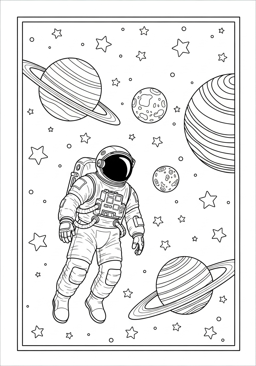 Desenho de Astronauta no espaço com planetas para colorir