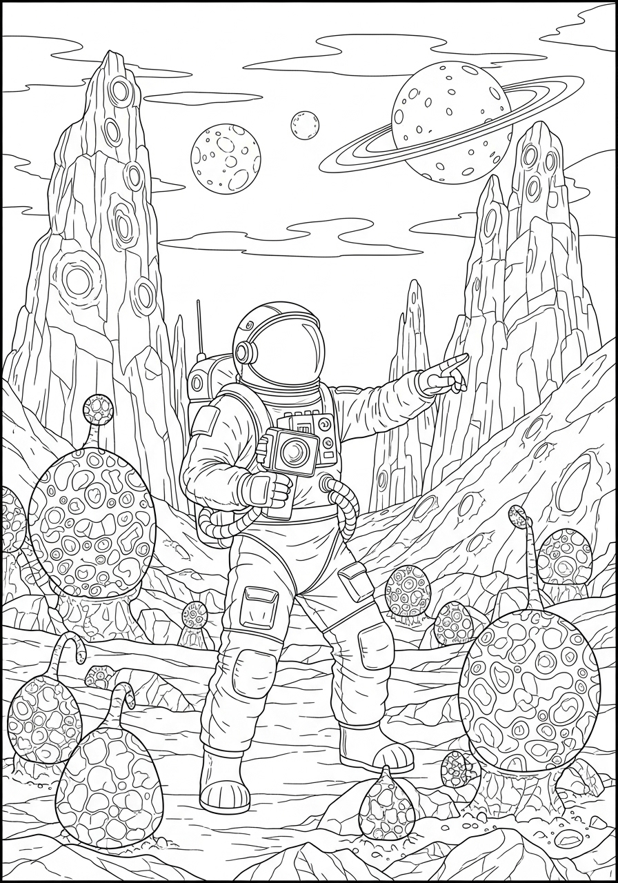 Desenho de Astronauta explorando planeta desconhecido
