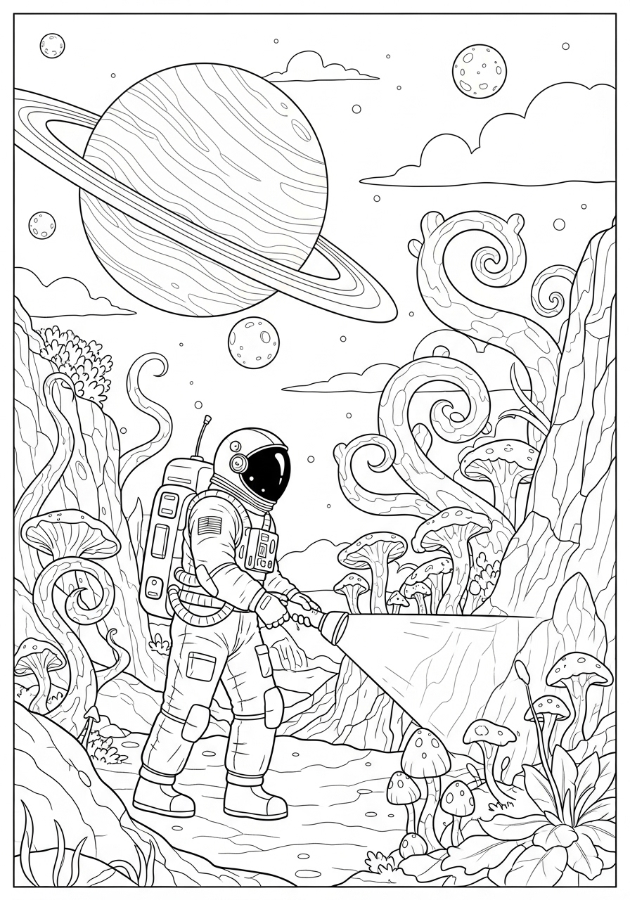Desenho de Astronauta no planeta exótico para colorir