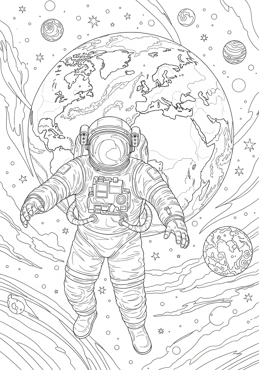 Desenho de Astronauta no espaço perto da Terra para colorir