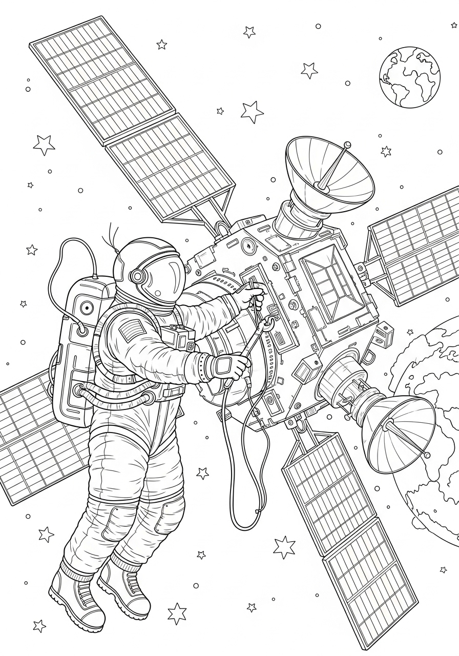 Desenho de Astronauta no satélite para colorir