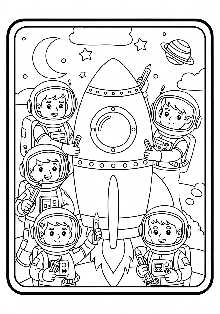 Desenho de astronautas com foguete para colorir