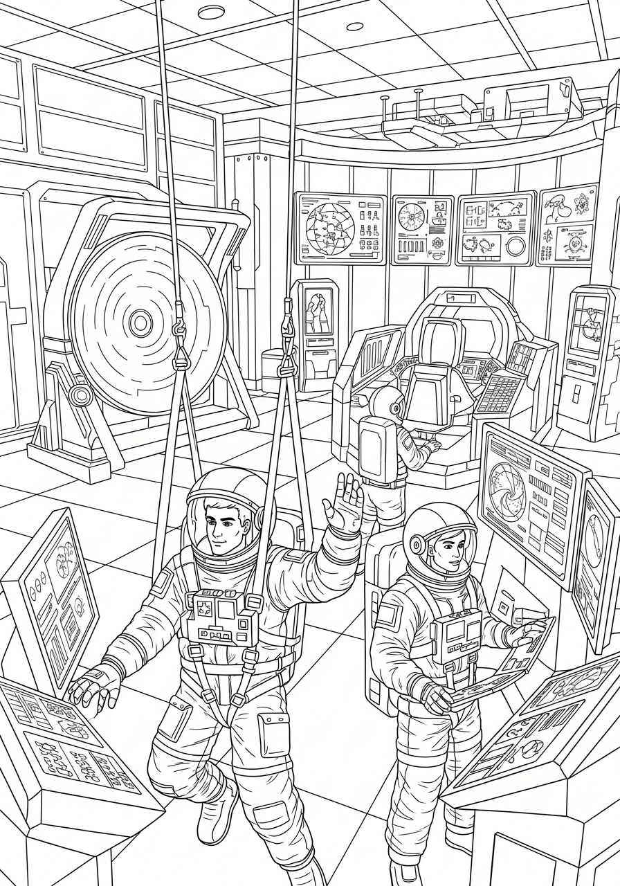 Desenho de Astronautas na base espacial para colorir