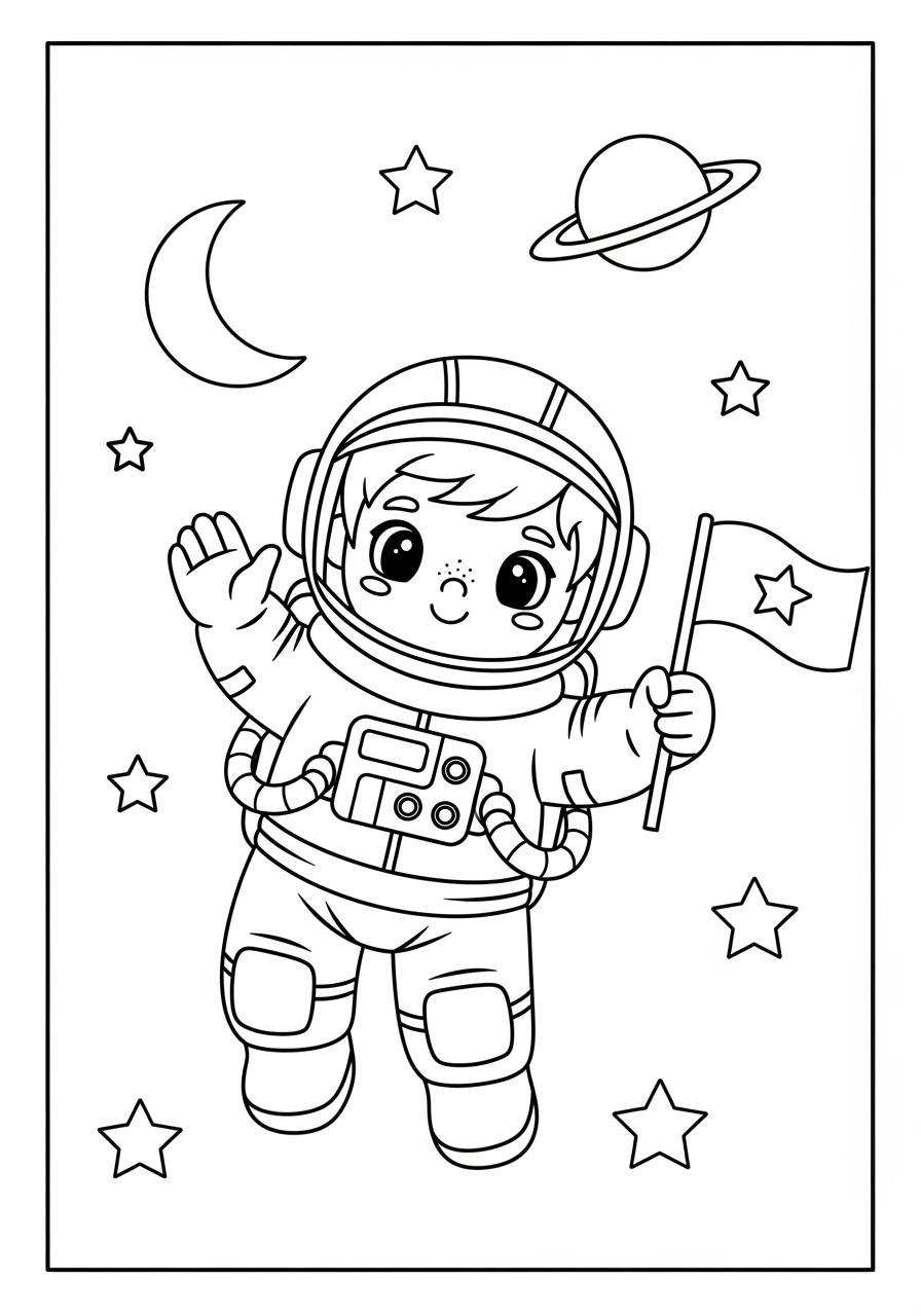 Desenho de Astronauta fofo com bandeira para colorir