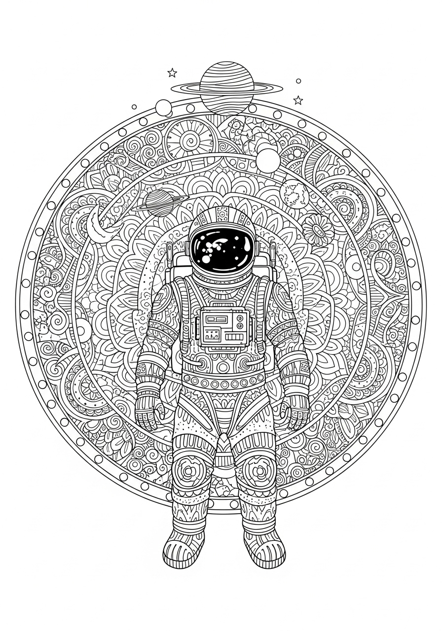 Desenho de Astronauta detalhado com planetas para colorir