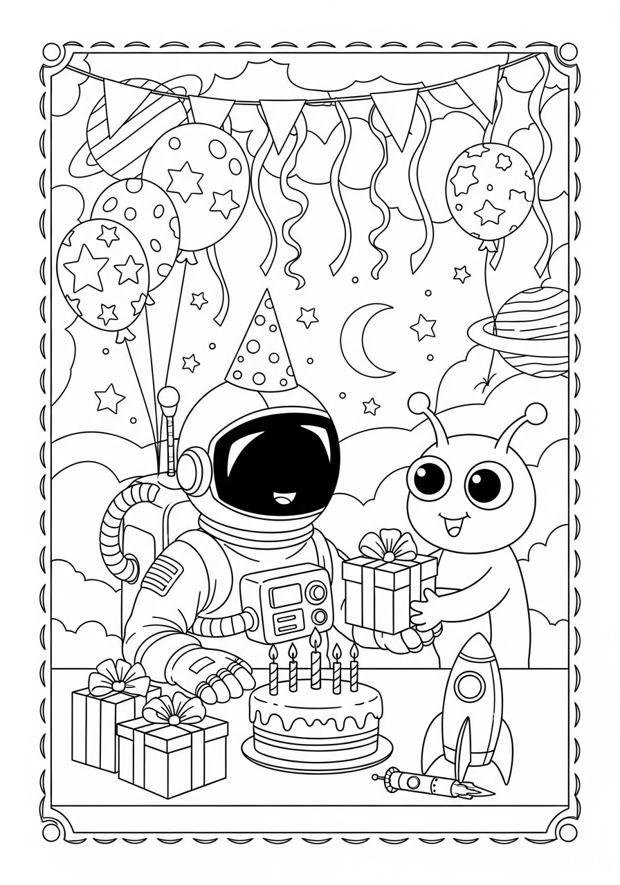 Desenho de Astronauta e alienígena com presentes fofos