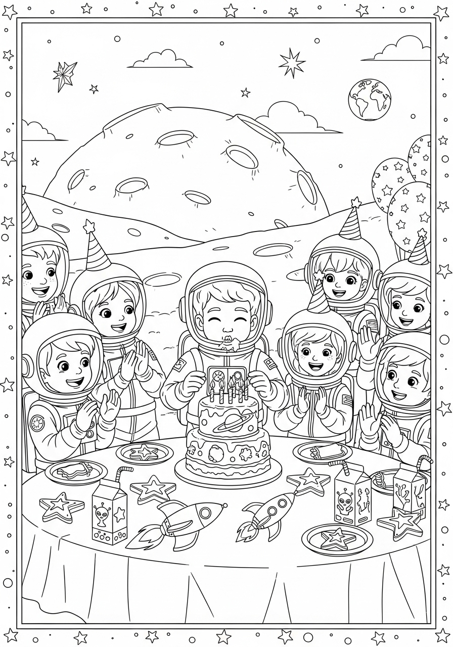 Desenho de astronautas em festa de aniversário colorir