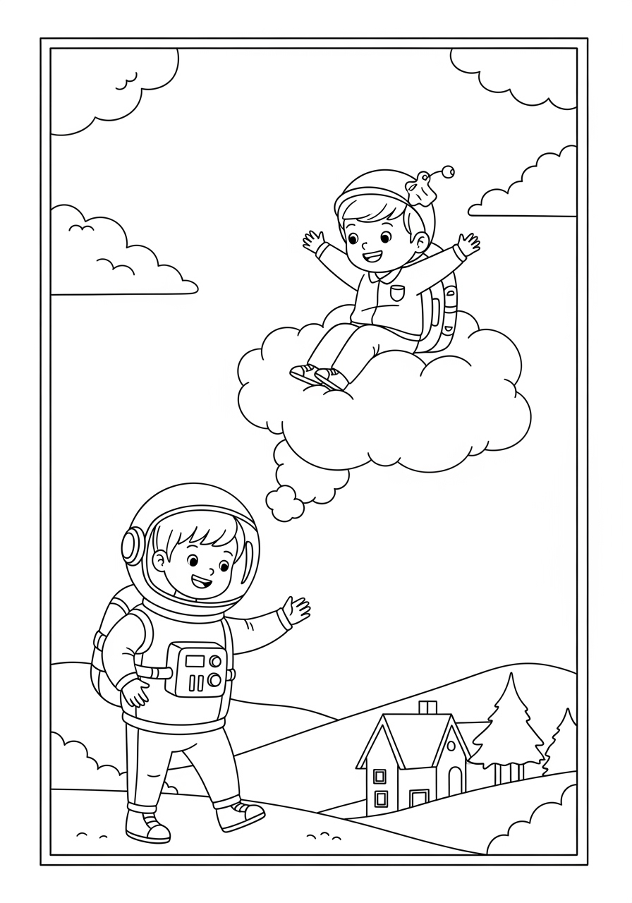 Desenho de Astronauta com criança nas nuvens para colorir
