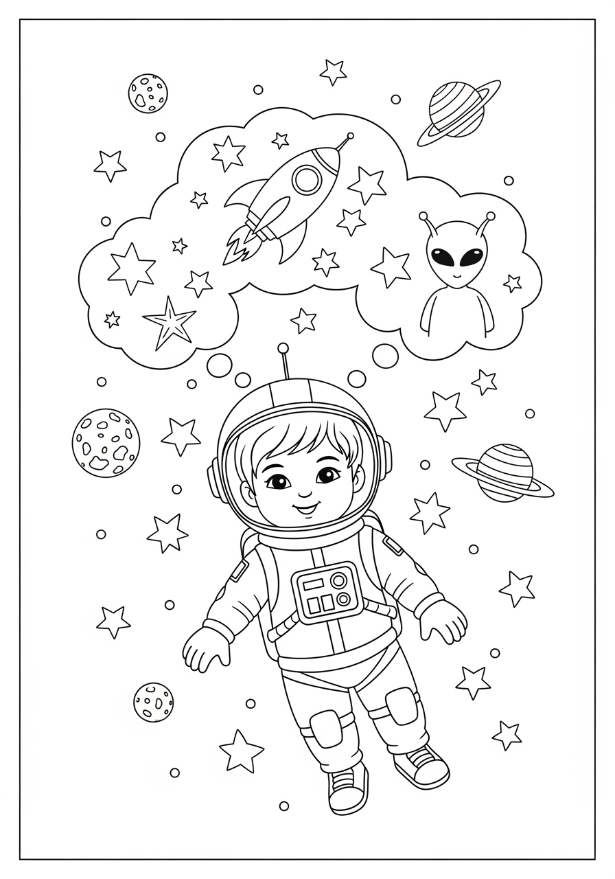 Desenho de Astronauta fofo com planetas para colorir