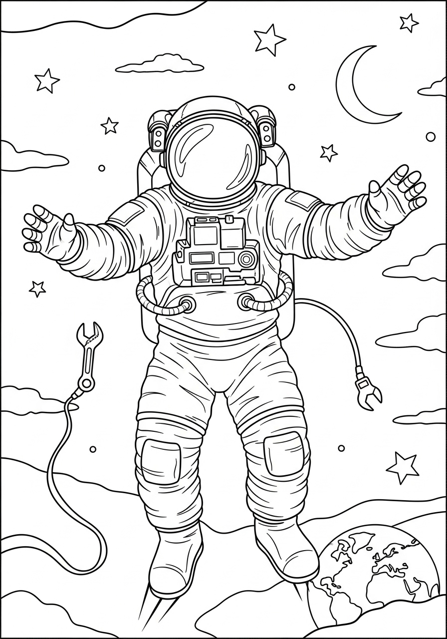 Desenho de Astronauta flutuando no espaço para colorir