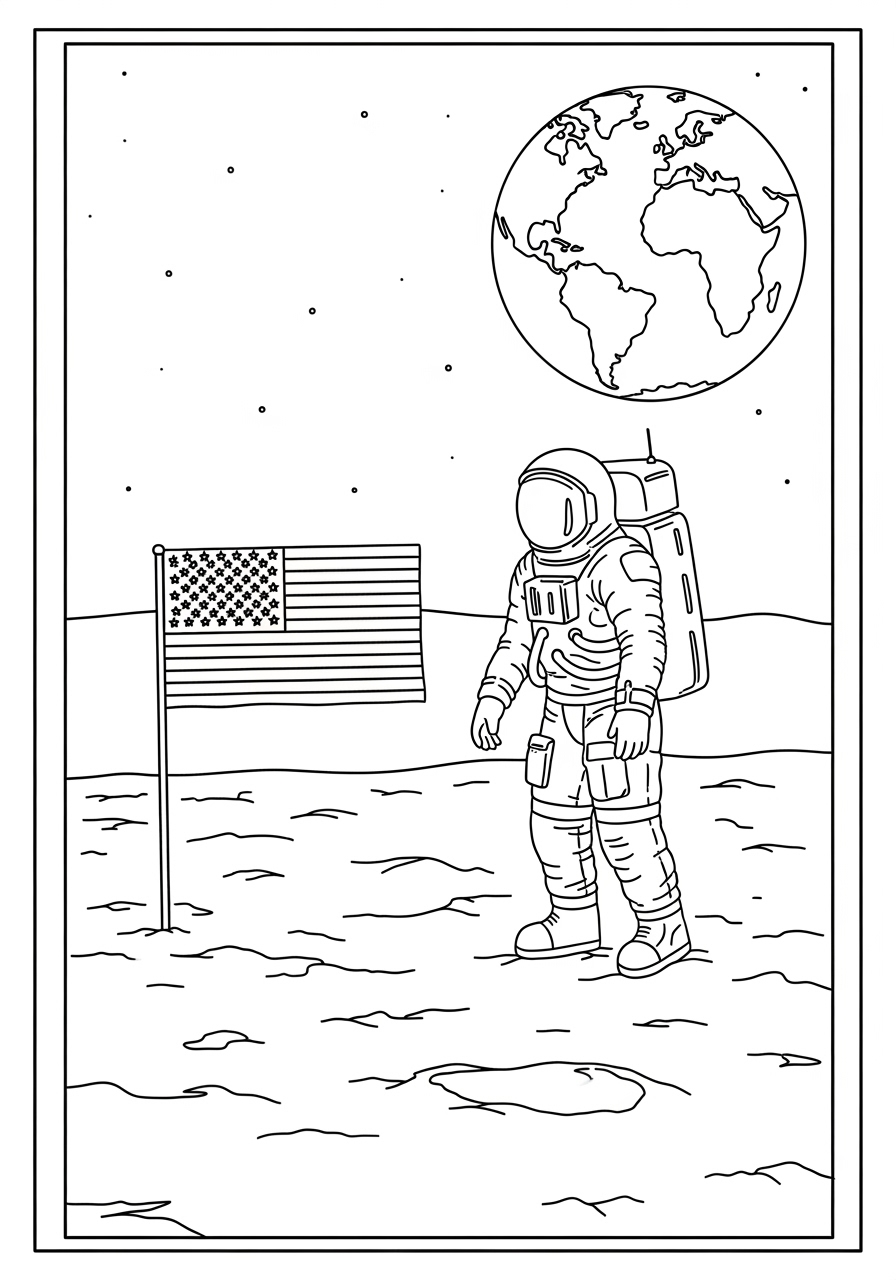 Desenho de Astronauta na Lua com bandeira para colorir