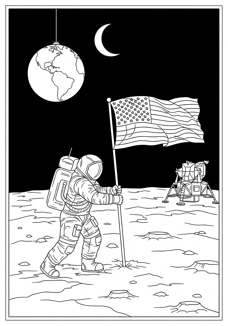 Desenho de Astronauta na lua com bandeira para colorir