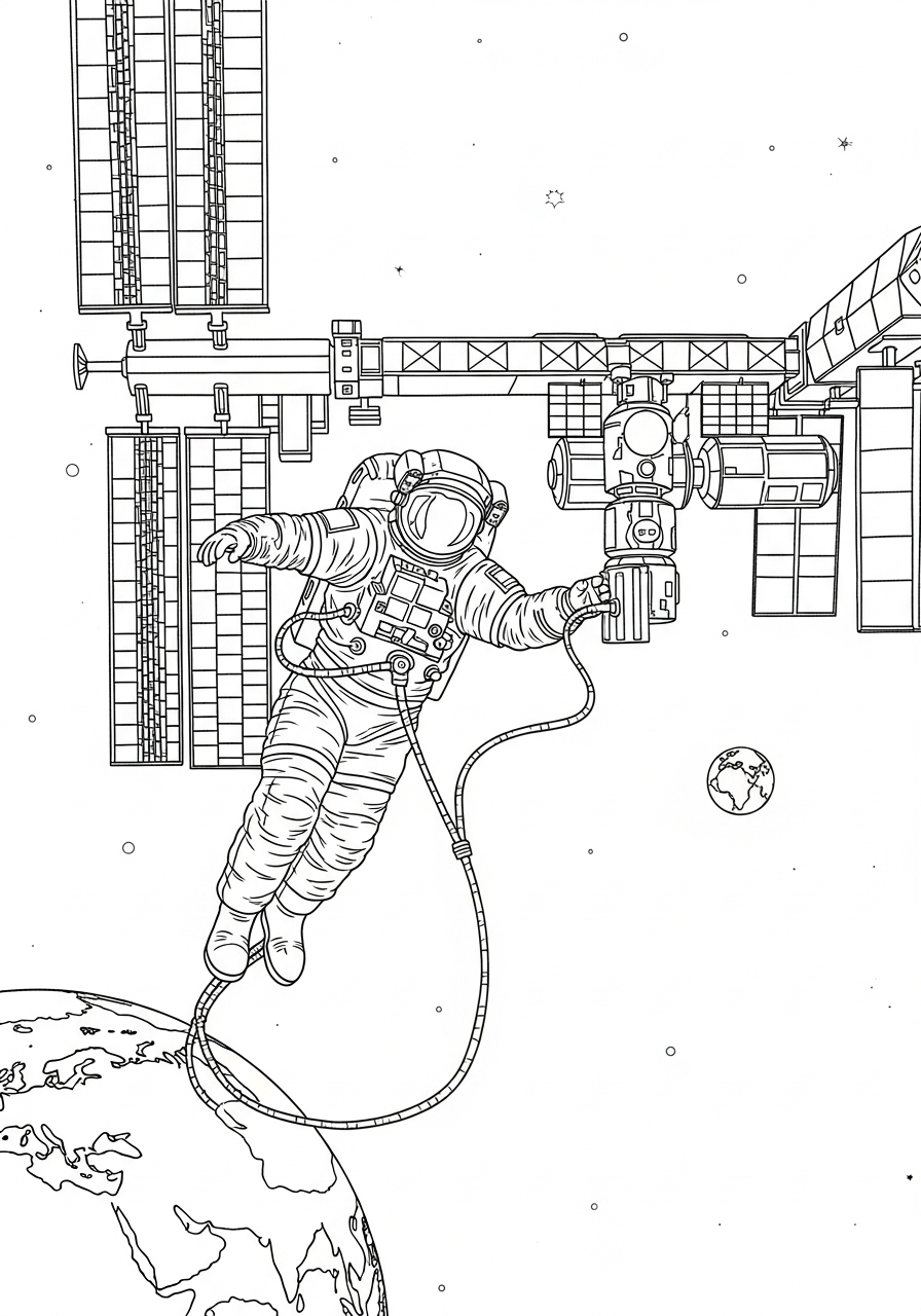 Desenho de Astronauta na estação espacial para colorir