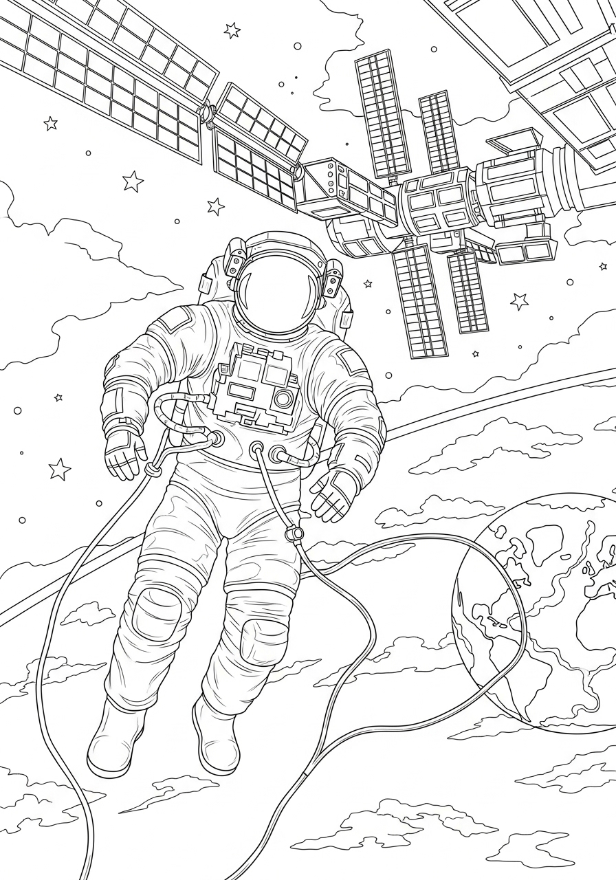 Desenho de Astronauta flutuando no espaço para colorir