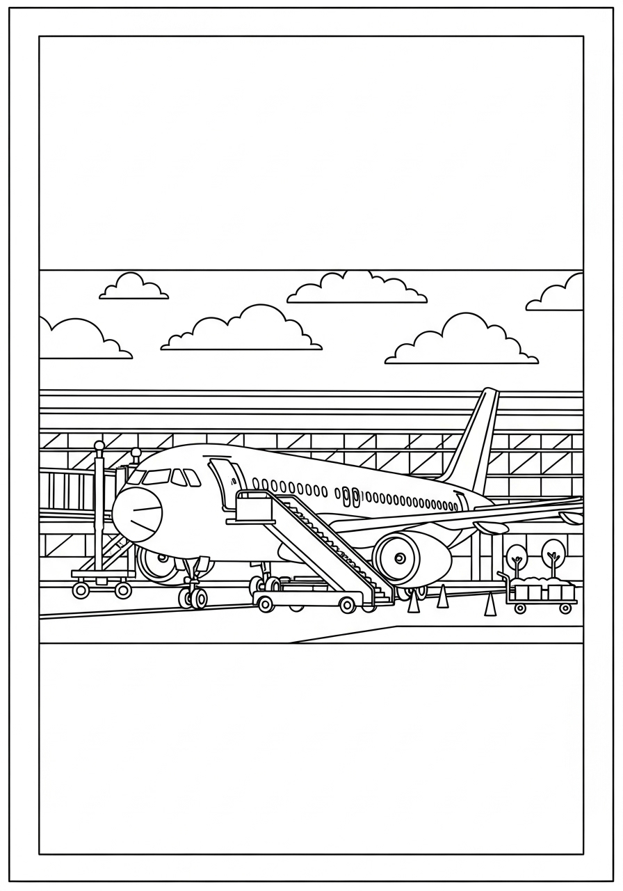 Desenho de Avião em aeroporto com nuvens para colorir