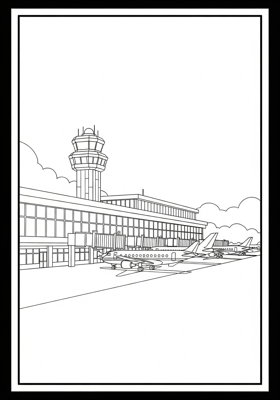 Desenho de Avião estacionado em aeroporto para colorir