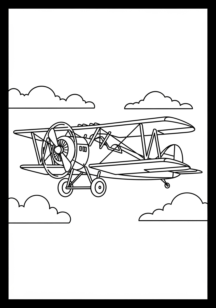 Desenho de Avião voando entre nuvens para colorir